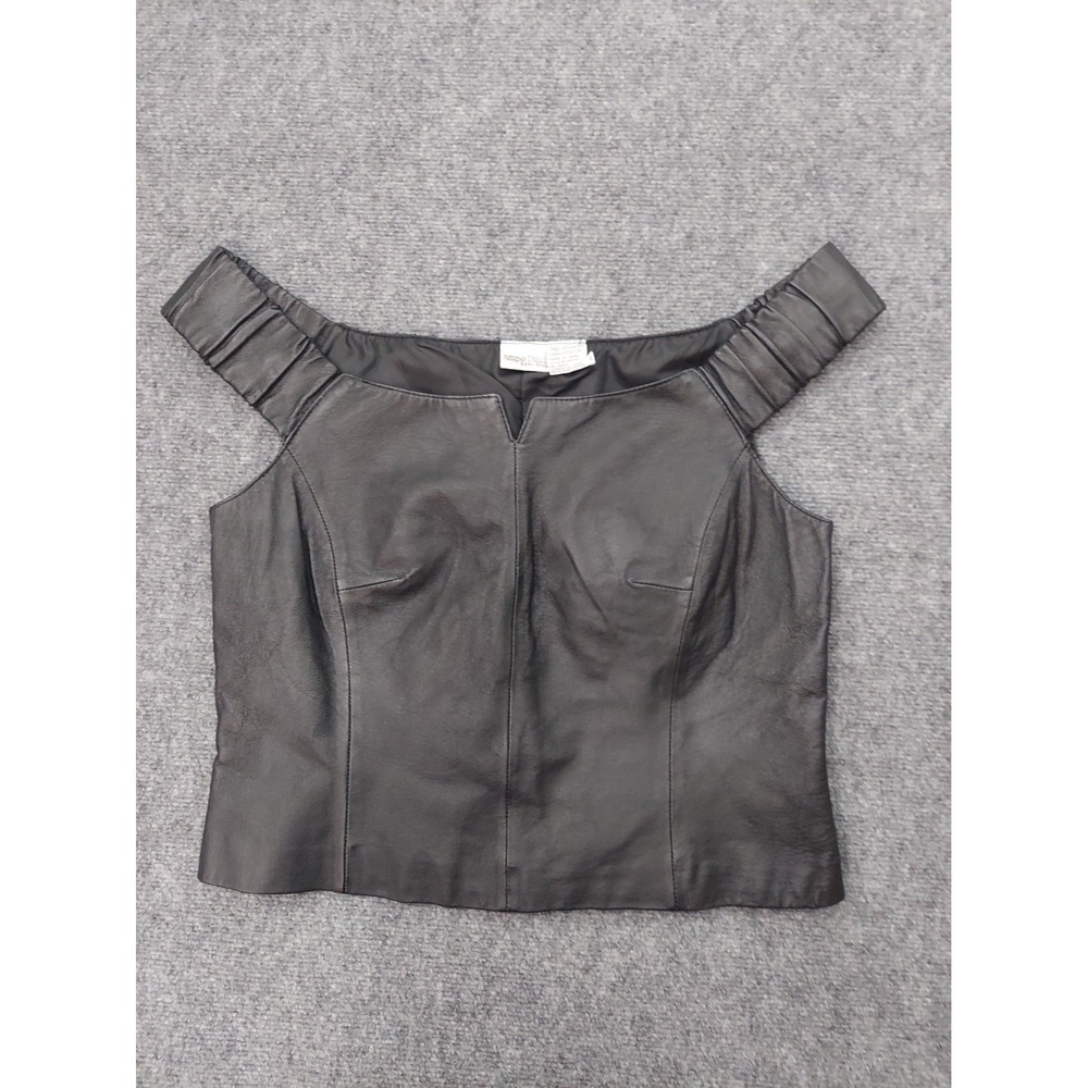 VTG NEWPORT NEWS Leather Tank Top Womens 14 Black Off Shoulder Edgy Corset Goth